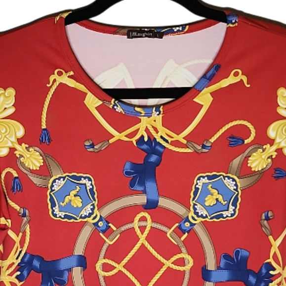 J McLaughlin Catalina Cloth Top Red Gold Equestrian Neo Sable 3/4 Sleeve Size L - Picture 3 of 8